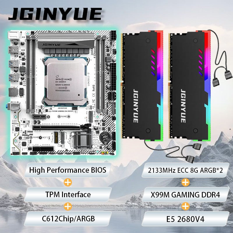 Placa-mãe JGINYUE X99 M-ATX combo E5 2680 V4 8GB*2 2133MHz DDR4 ECC kit de RAM RGB interface TPM diversão DIY novo software ARGB