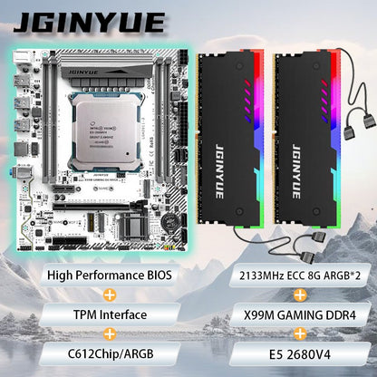 Placa-mãe JGINYUE X99 M-ATX combo E5 2680 V4 8GB*2 2133MHz DDR4 ECC kit de RAM RGB interface TPM diversão DIY novo software ARGB