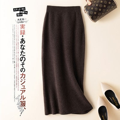 100% pure wool skirt new women's autumn and winter mid-length high-waisted thin cashmere skirt knitted all-match hip skirt