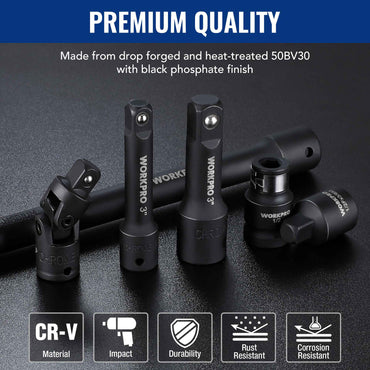 WORKPRO 18Pieces Drive Tool Accessory Set Includes Socket Adapters Socket Extension Bar Swivel Universal Joints Impact Coupler