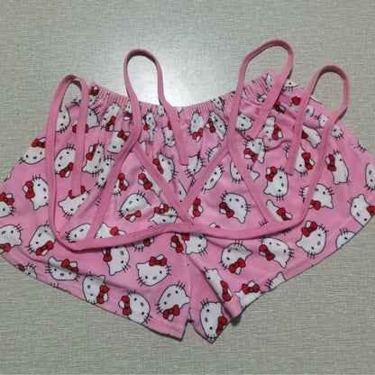 2Pcs/Set Sanrio Hello Kitty Y2K Cartoon Pajama Set Anime Womens‘s Home Wear Casual Summer Beachwear