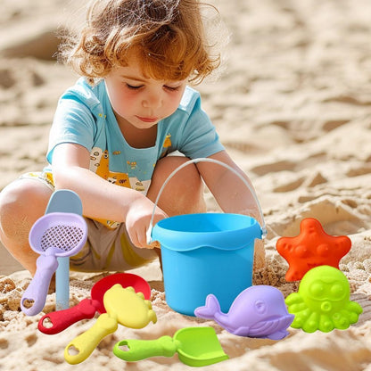 Beach Toy Set for Kids Plastic Sand Play Set with Bucket, Shovels, Molds Sea Creature Molds, Smooth Edges, Bright Colors