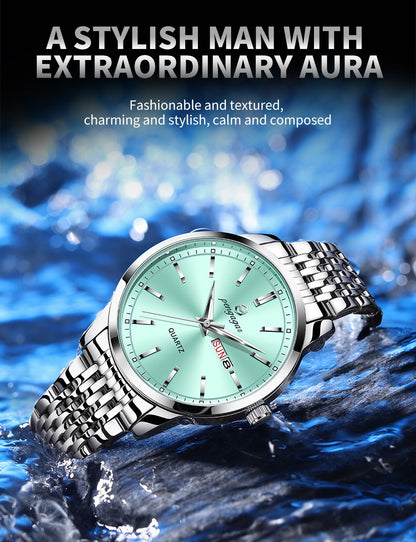 PENGAGAR Luxury Watch For Man Waterproof Luminous Date Week Stainless Steel Men Watch Casual Quartz Men's Watches Male Clock+box
