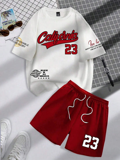 2025 summer new trend men's suit round neck short sleeve set fashion personalized alphanumeric print round neck T-shirt and shor