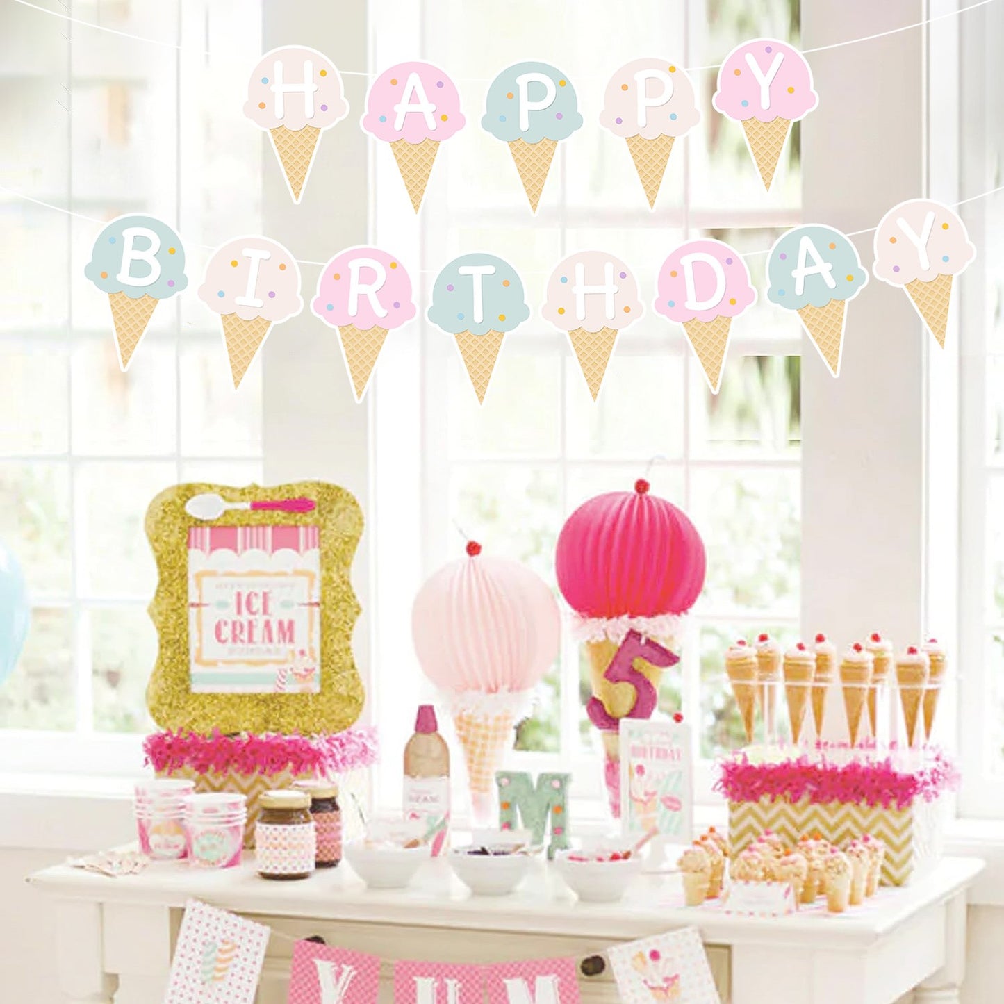Colorful Paper Banners Ice Cream Shape Pull Flag Party Bunting Milk Tea Summer Theme Garland Decorative