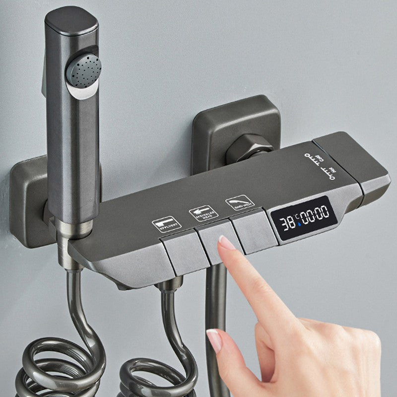 Chuveiro Moderno Completo Cinza 2 Saídas Teclas de Piano Conjunto de Chuveiro de Banheiro Montado na Parede de Latão Torneira de Chuveiro com Display Digital para Banheira