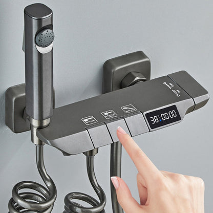 Chuveiro Moderno Completo Cinza 2 Saídas Teclas de Piano Conjunto de Chuveiro de Banheiro Montado na Parede de Latão Torneira de Chuveiro com Display Digital para Banheira