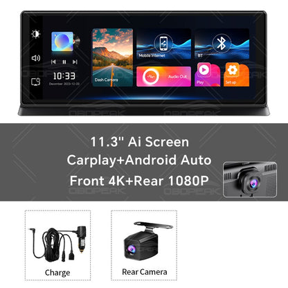 K2 Pro 11.3" DVR Automotivo 4K Câmera Sem Fio Carplay Android Auto Tela AI Câmera de Painel Gravador de Vídeo de Lente Dupla GPS de Navegação de Painel