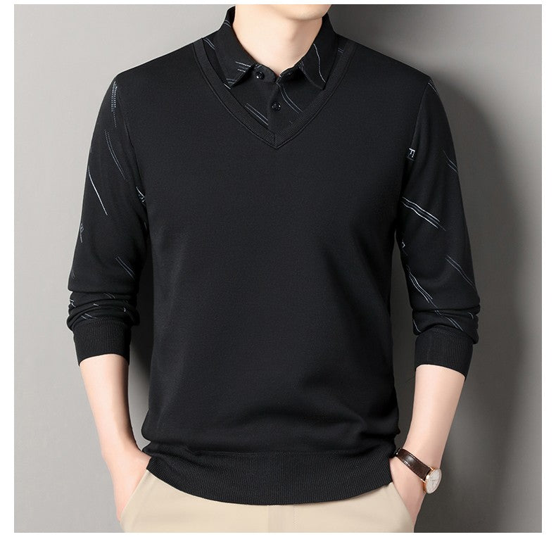 Men's Fleece Lining Sweater Autumn Winter Pullover Polo Shirt Collar Fake Two Piece Thick Warm Top Clothes Casual Knitwear