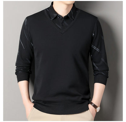 Men's Fleece Lining Sweater Autumn Winter Pullover Polo Shirt Collar Fake Two Piece Thick Warm Top Clothes Casual Knitwear