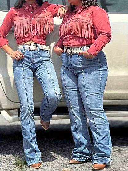 Women's Vintage Distressed Line Flared Jeans, Slim Fit, Mid Rise, Stretchable, Casual, Washed Denim Bell Bottoms