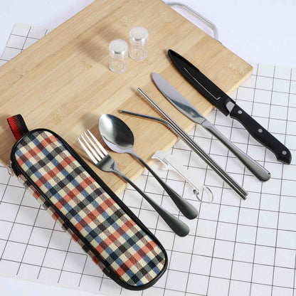 Kit de Talheres de Viagem 10 Peças com Bolsa de Armazenamento Talheres de Viagem de Aço Inoxidável Kit de Utensílios Portátil para Acampamento Kit de Talheres de Viagem