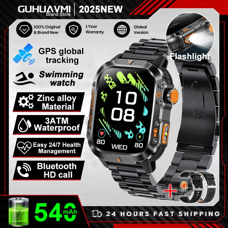 2026 Novas pulseiras inteligentes militares de GPS para ambientes externos, bússola masculina, frequência cardíaca, chamada BT, lanterna LED, Smartwatch à prova d'água 10ATM para natação