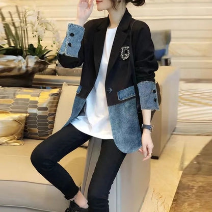 New Autumn 2025 Fashion Korean Version Loose Women Denim Jacket Splicing Suit Ladies Denim Outerwear Elegant Female Jeans Coat
