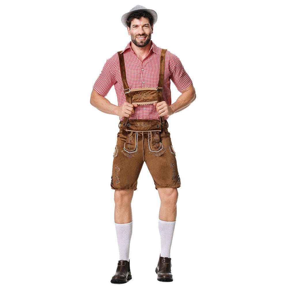 Male Oktoberfest Lederhosen Costume Bavarian Octoberfest German Beer Costume Shirt Suspender Shorts Hat Cosplay Costumes