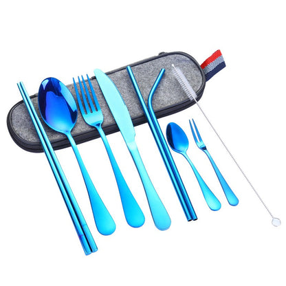 Conjunto de Talheres de Aço Inoxidável, Portátil, Faca, Garfo, Colher, Hashi, Canudo, Ocidental, Presente de Viagem, Conjunto de 9 Peças