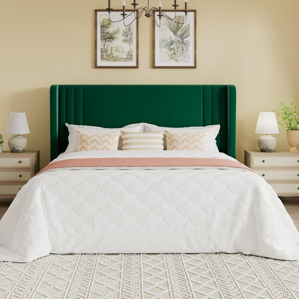 Estrutura de Cama Queen Size Estofada em Veludo com Cabeceira de Encosto em Asa com Tufo Vertical, Suporte de Estrado de Madeira