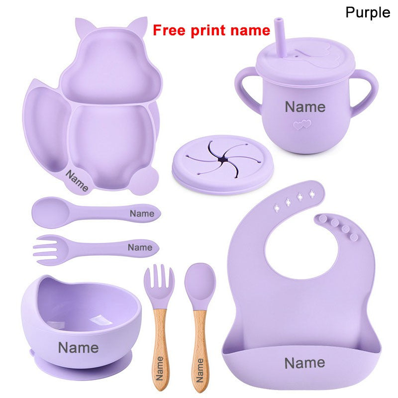 Baby Silicone Sucker Bowl Plate Cup Bibs Spoon Fork Sets Children Tableware Baby Feeding Dishes Sets Personalized Name BPA Free