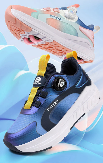 Kids Two Wheels Roller Skating Shoes With Light Magic Stick Walking Shoes Detachable Wheels Roller Skate Shoes For Teenagers