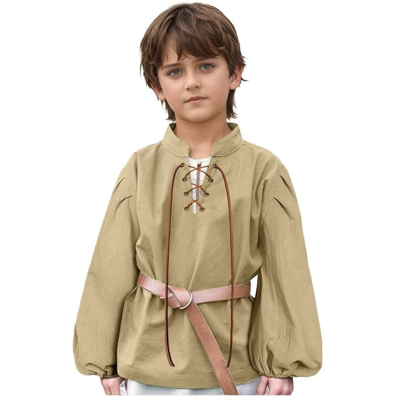 Boys Medieval Pirate Shirt Kids Renaissance Lace up Halloween Scottish Jacobite Ghillie Costume Tops Viking Colonial Costume Top