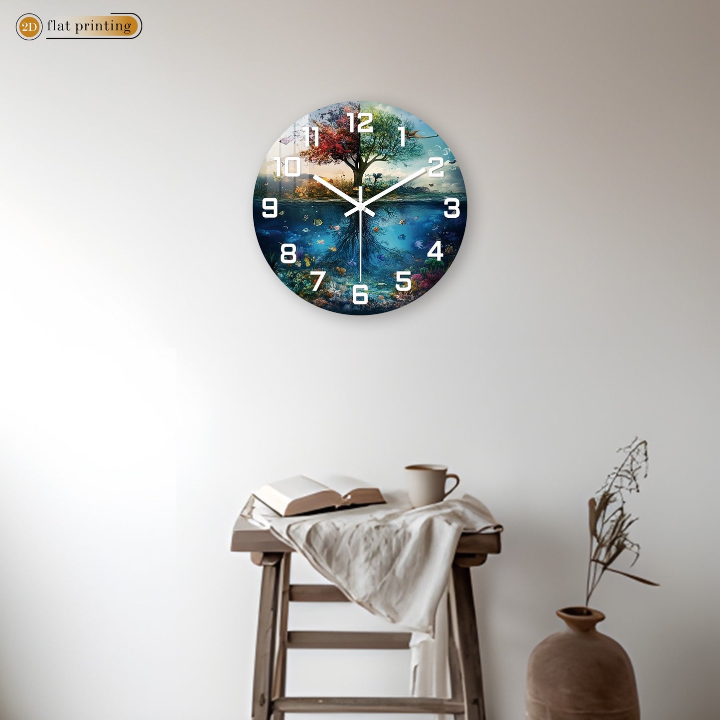 Tree of Life with Underwater Scene Wall Clock, Nature Harmony Theme Decor, Silent Quartz Movement Decorative Timepiece