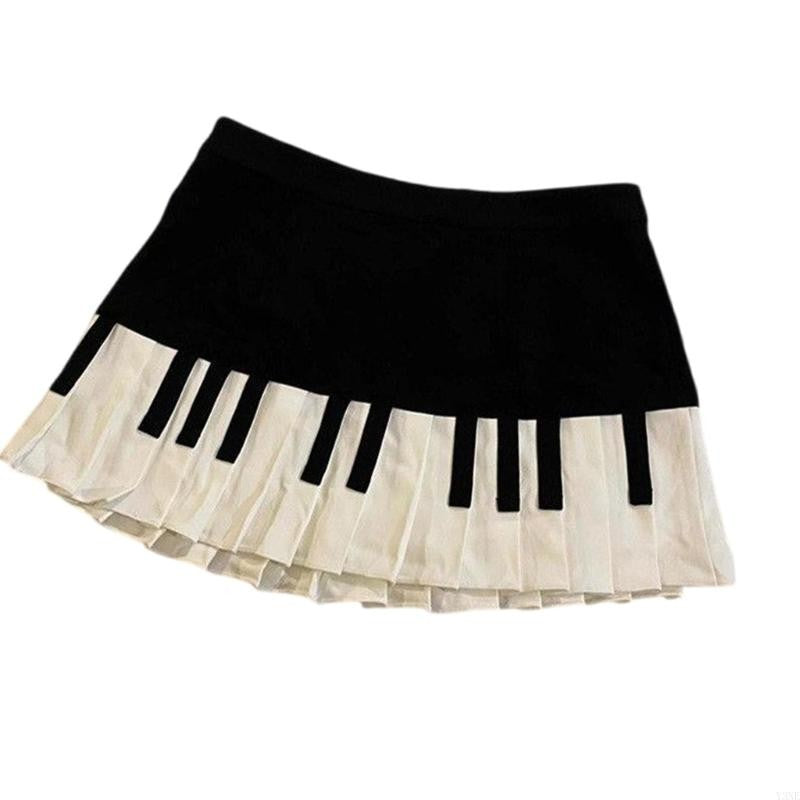 Y3NE Women Schoolgirl High Waist Pleated Flared Vintage Piano Print A Line Mini Skirt