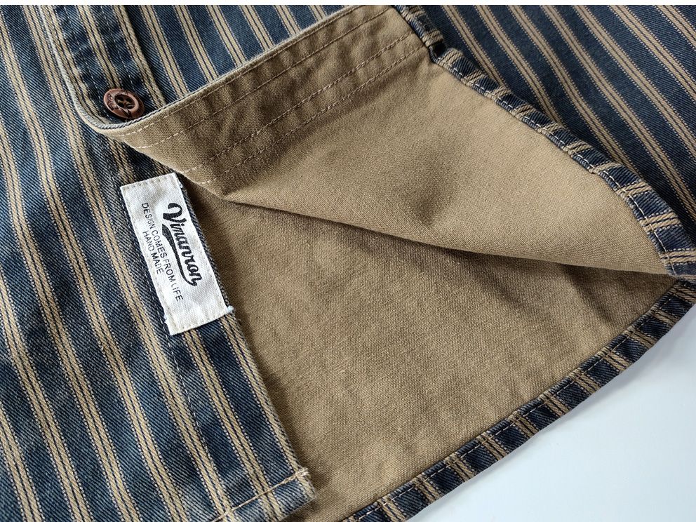 2025 Spring and Autumn New American Retro Woven Striped Cargo Shirt Men's Simple 100% Cotton Washed Double Pockets Thin Jacket