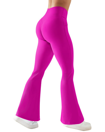 Women Ribbed Crossover Flare Leggings V Waist Slim Fit Yoga Pants with Pockets Workout Fitness Yoga Pants Flared Pants Female