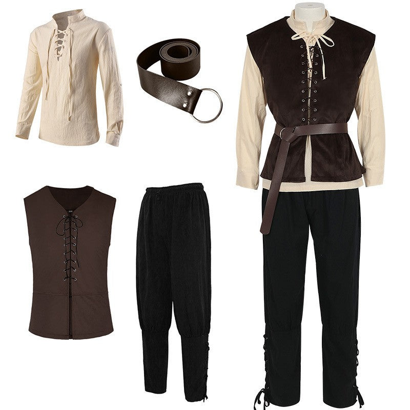 4 Pcs Men's Halloween Renaissance Costume Set Medieval Vest Shirt Ankle Banded Pants Viking Belt Armband Pouch