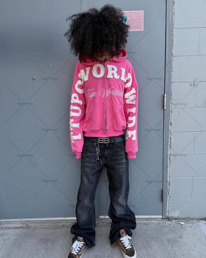 2025 Trendy Retro Harajuku Letter Embroidered Zipper Hoodie Women Punk Oversized Sweatshirt Men Hip-hop Casual Loose Streetwear