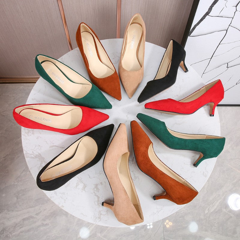 European American Fashionable Pointed High Heels Women With Rhinestone Bows Shallow Mouth Mid-Heeled Single Shoes Silk Satin