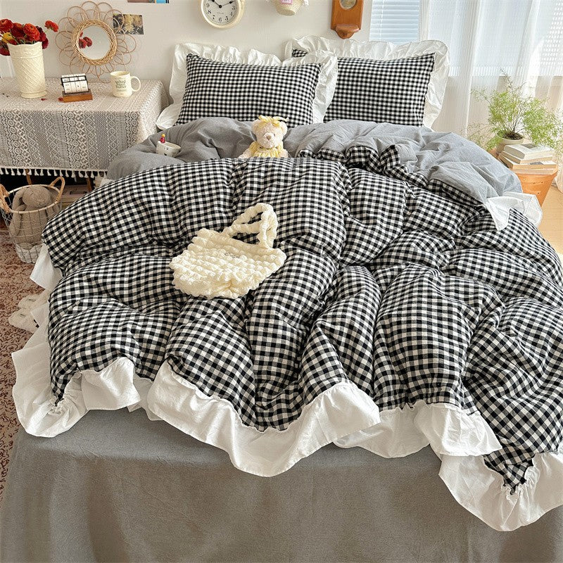 3pcs red,black plaid Duvet Cover Set (1*Duvet Cover + 2*Pillowcase, Without Core), Lace embroidery Bedding Set