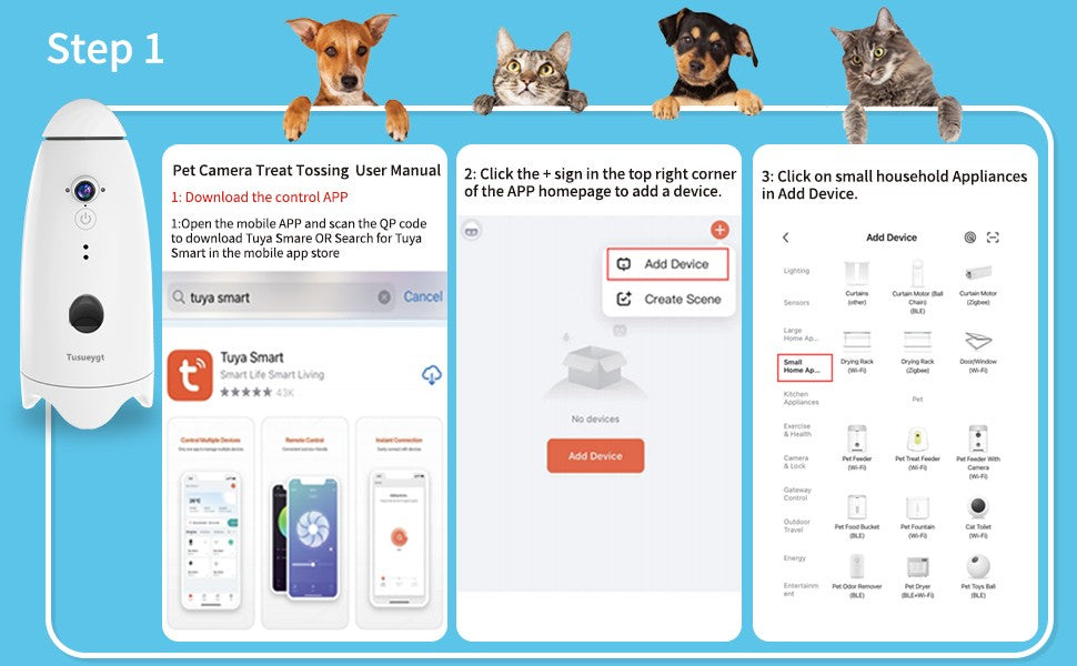 Câmera Inteligente 1080p Pequena para Cães com Dispensador de Petiscos, Visão 180°, Câmera para Cães com Arremesso de Petiscos com App para Celular, Áudio Bidirecional Android e iOS