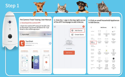 Câmera Inteligente 1080p Pequena para Cães com Dispensador de Petiscos, Visão 180°, Câmera para Cães com Arremesso de Petiscos com App para Celular, Áudio Bidirecional Android e iOS