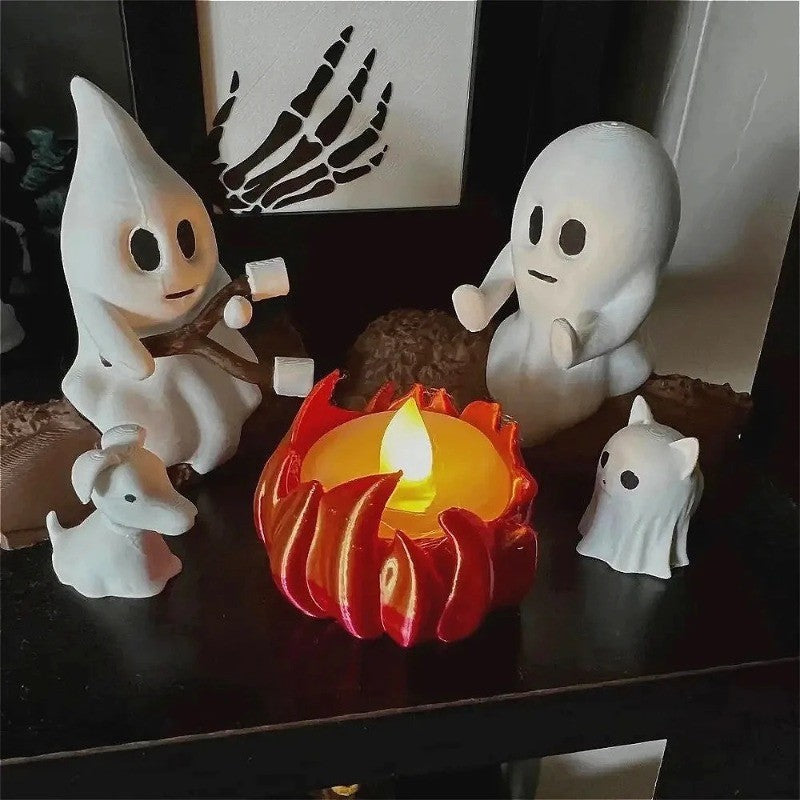 Halloween Ghost Nightlight Campfire Figurine Set Cute Ghost Statue Small Campfire Light Fun Halloween Decor Gift for Home Party