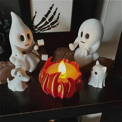 Halloween Ghost Nightlight Campfire Figurine Set Cute Ghost Statue Small Campfire Light Fun Halloween Decor Gift for Home Party