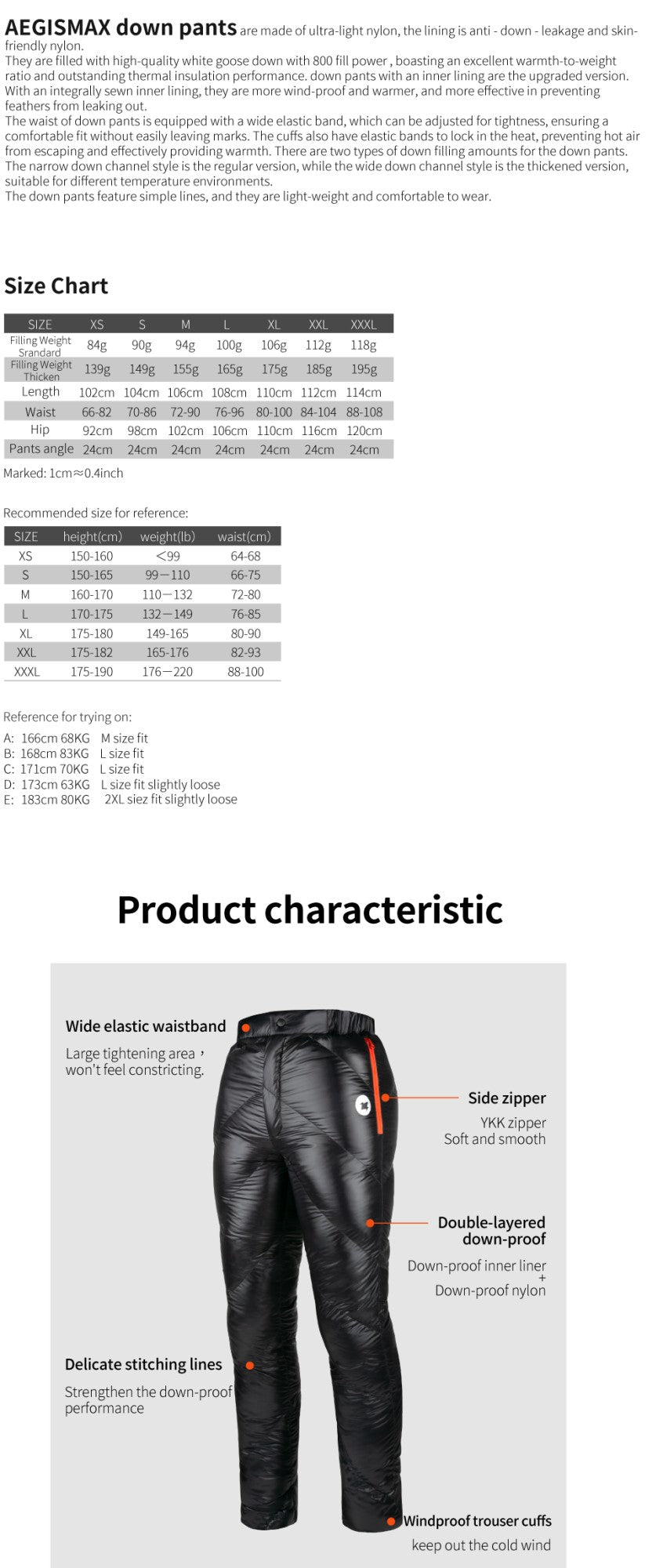 AEGISMAX Upgraded Men Outdoor Camping Hking Winter Warm Ultralight Goose Down Pants 800FP Waterproof Nylon Trousers Unisex