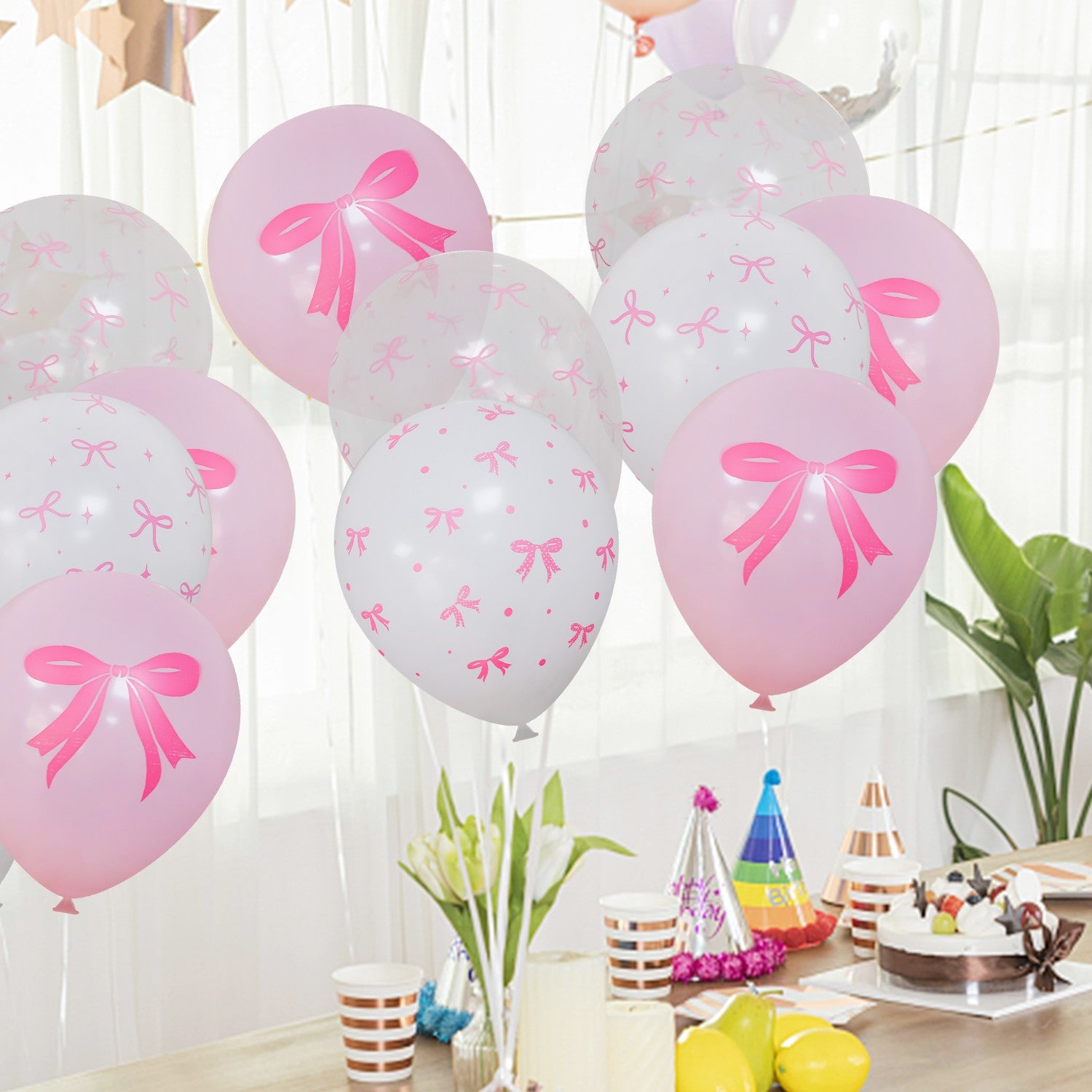 50/10pcs Bow Theme Latex Balloon 12 Inches Bowknot Print White Balloons for Kids Girls Birthday Baby Shower Wedding Party Decor