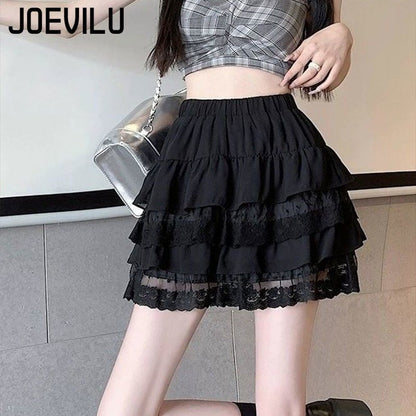 JOEVILU White Tutu Skirt A-line Elastic High Waist Mini Skirts Short Lace Cake Skirt Thin Summer Korean Fashion Goth Y2k Clothes