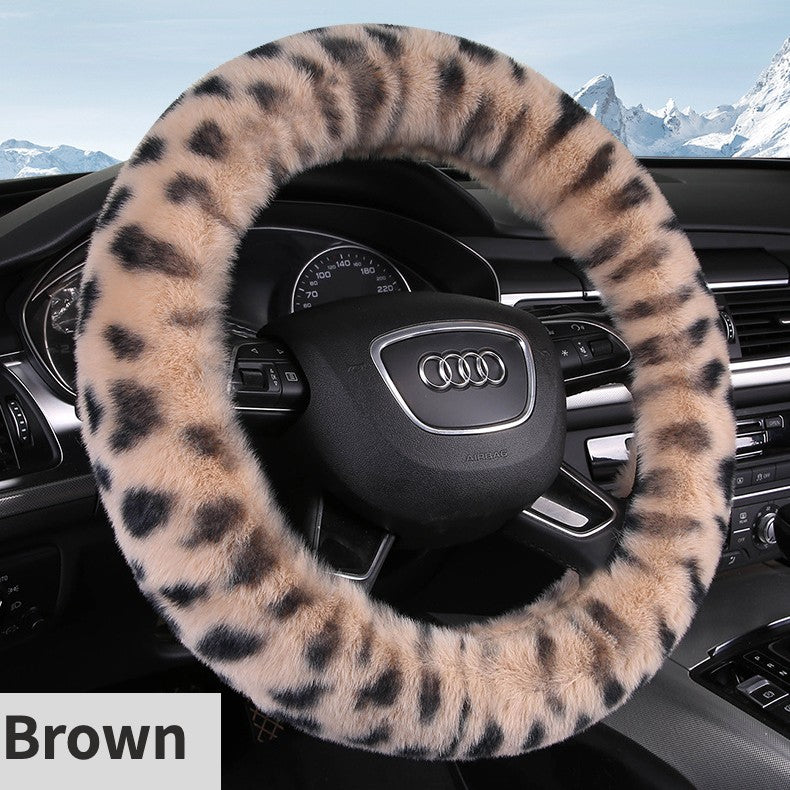 Capa de Volante de Inverno Leopard Quente Fofa para Mulheres. Capa de Volante Universal de Pelúcia para Carro, SUV Universal 15 polegadas