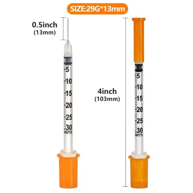 50 UNIDADES Seringa de insulina estéril descartável de 0,3ml/cc-29Gx13mm com agulha, embalada individualmente para medição de líquidos, alimentação de animais de estimação.