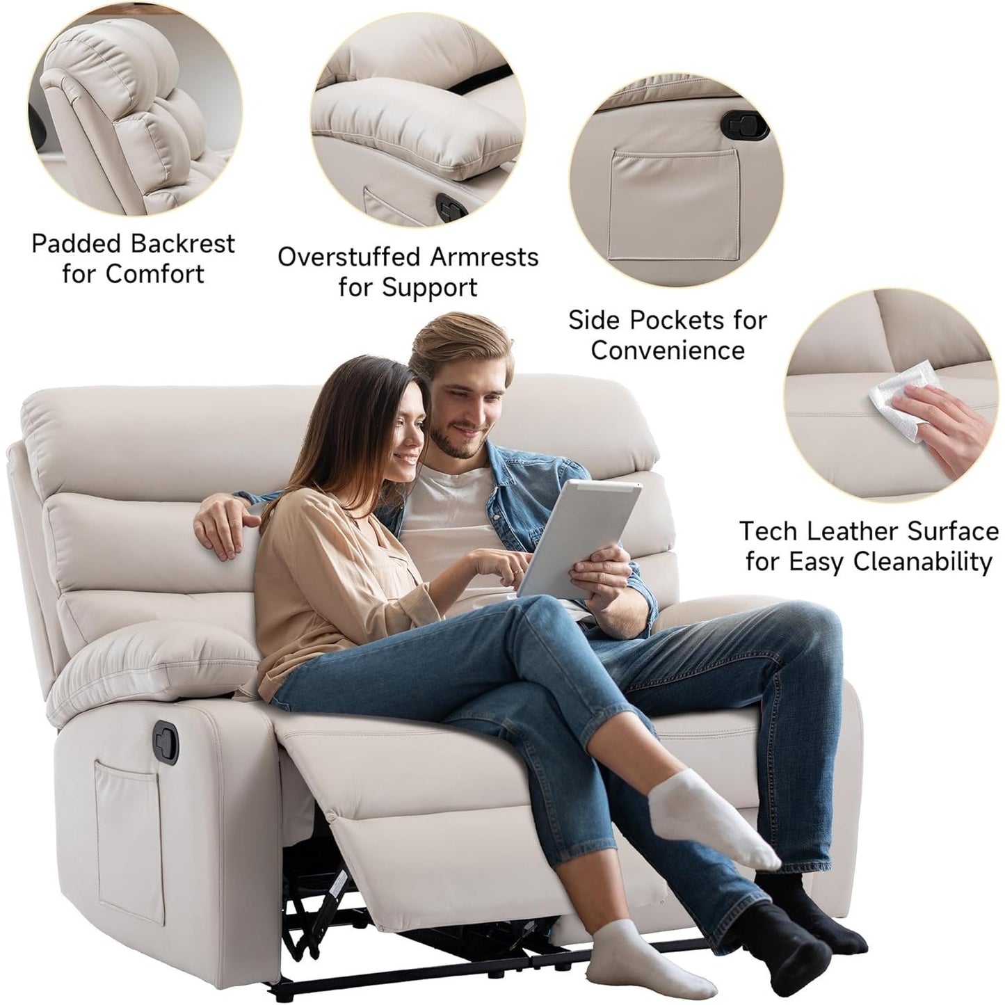 Reclining Loveseat, Leather Double Recliner Sofa with Side Pocket, Wall Hugger Loveseat Recliner for Living Room,