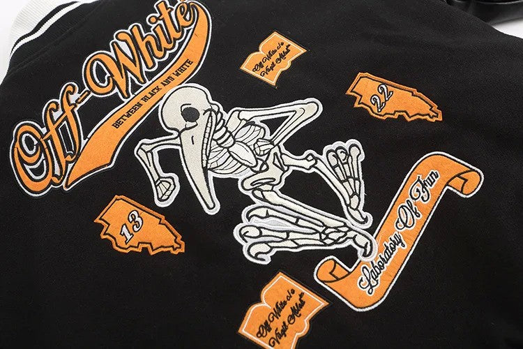 2023 Autumn/winter New Ow Skull Embroidery Woolen Jacket Cloth Patchwork Leather Sleeve Heavy Duty Embroidery Casual Style Fit