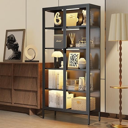 Glass Door Display Cabinet with 71 H, 5 Shelves, LED Sensor Lighting for Curio Showcases