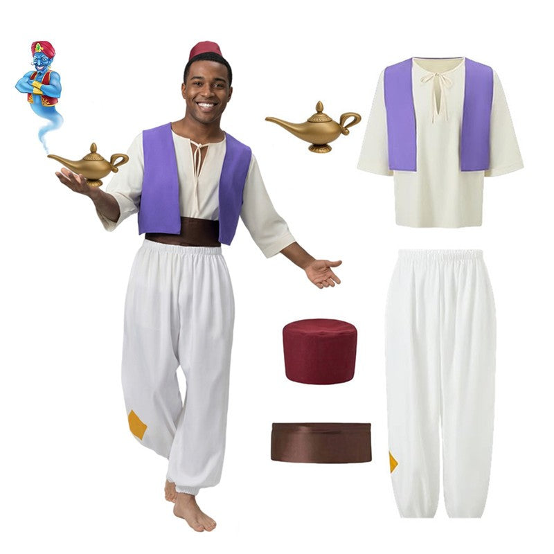 Men's Aladdin Prince Costume Fantasy Movie Character Outfit Halloween Cosplay Set  Hat Magic Lamp Prop Party Performance Costume