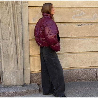 Thicken Cotton Jackets Women High Neck Long Sleeves Zipper Drawstring Coats Female 2025 Winter Fashion Chic Solid Warm Outwears