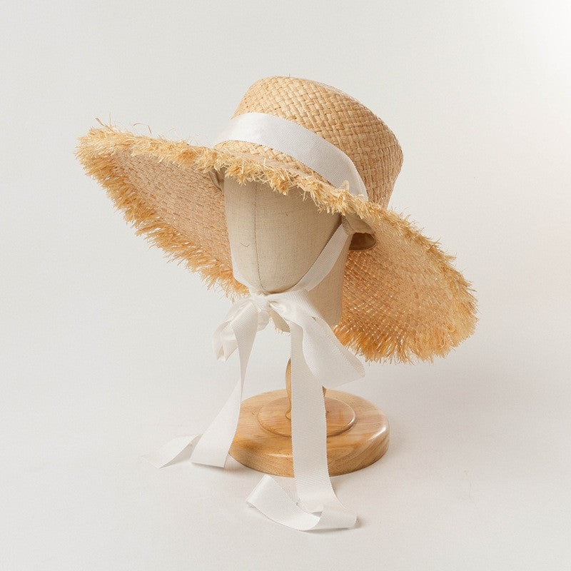 Chapéu de Palha de Ráfia Feminino, Chapéus de Sol de Verão, Fita da Moda para Meninas, 52cm, Infantil, Aba Larga, Proteção UV, Chapéus de Praia para Mulheres