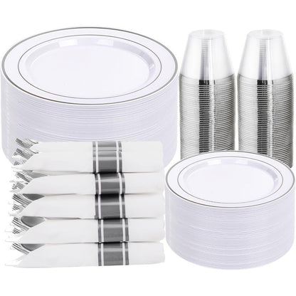 350PCS Silver Plastic Dinnerware Set for 50 Guests Fancy Disposable Plates for Party Include: 50 Dinner Plates 50 Dessert Plate