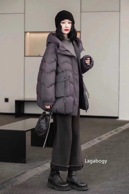 Lagabogy 2025 Women Autumn Winter Vintage Style Loose Casual Mid-Long Hooded Warm Puffer Coat Female 90% White Duck Down Jacket