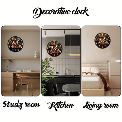 Bookshelf With Cats Wooden Round Silent Hanging Wall Clock, Suitable For Living Room, Office,Study Room,Bedroom, Home Decoration